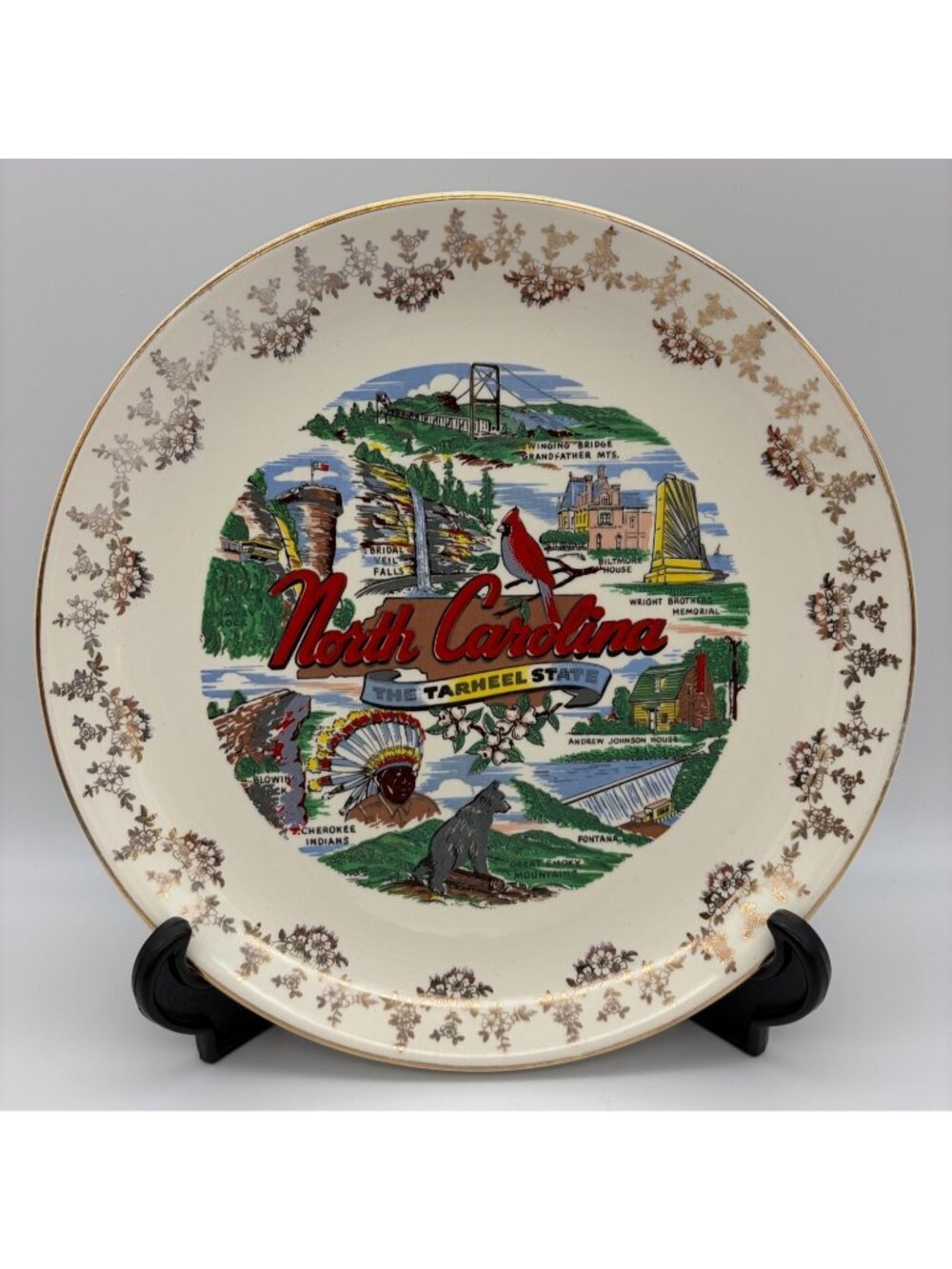 Vintage 1960s North Carolina Tarheel State Souvenir Plate Landmarks 9.25 Inch NC